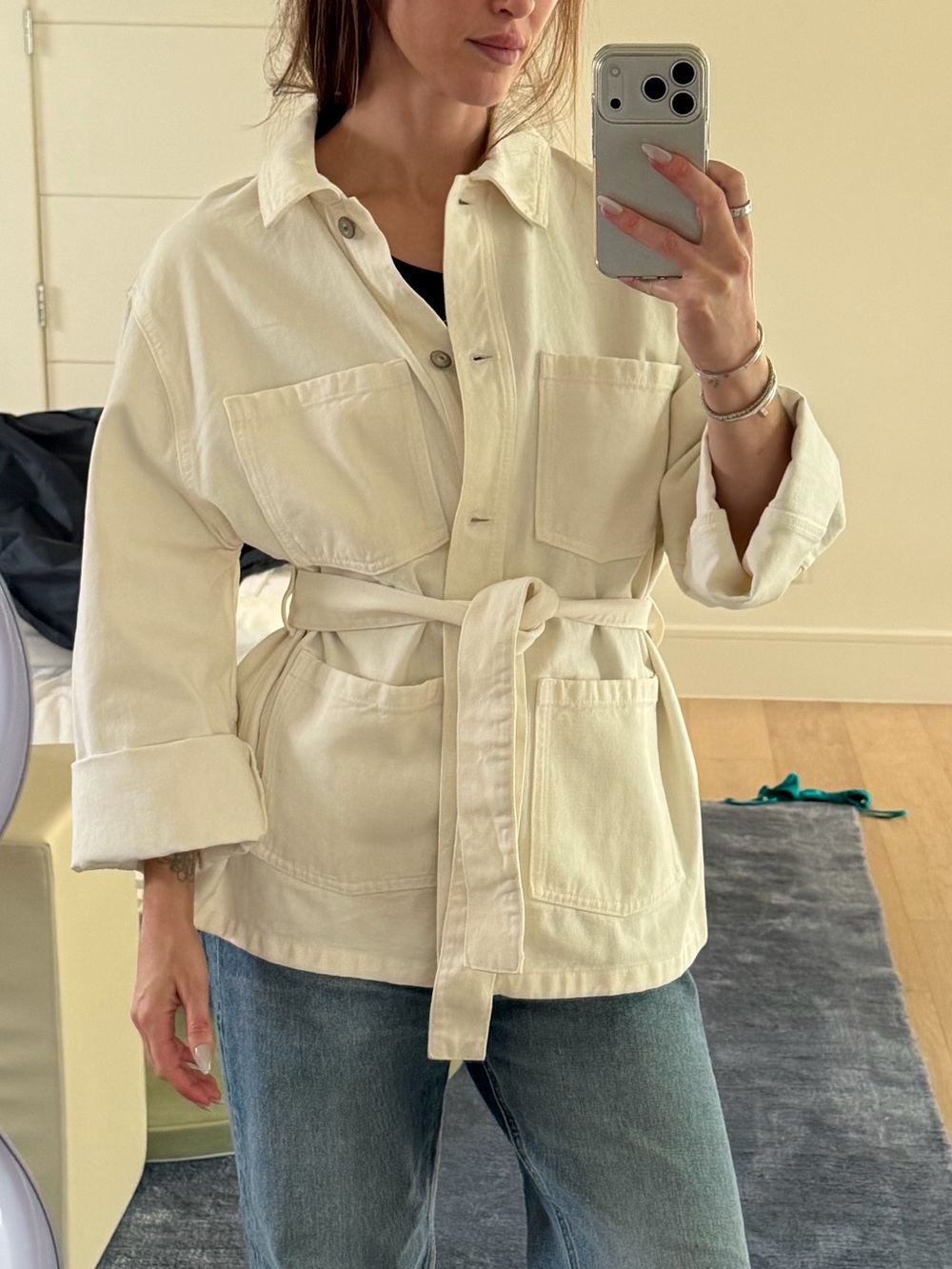 Zara Cream Belted Denim Utility Jacket